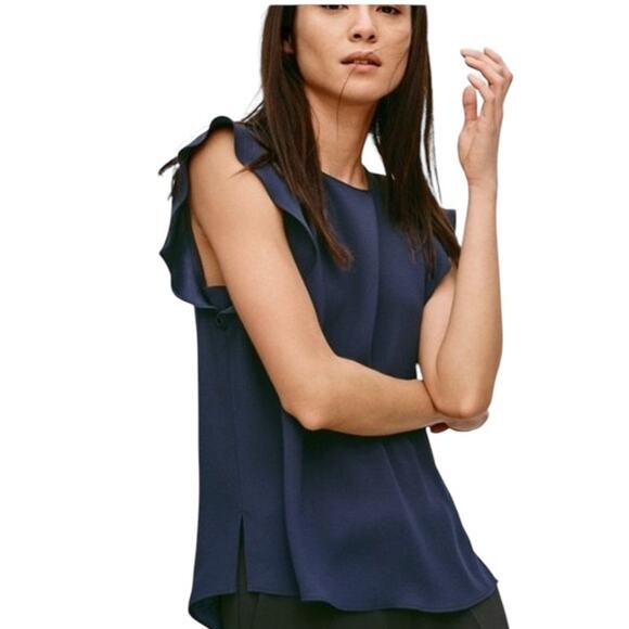 Aritzia Babaton Chaplin Flutter Sleeve Blouse Top Dark Blue S Pullover Keyhole - Picture 2 of 11